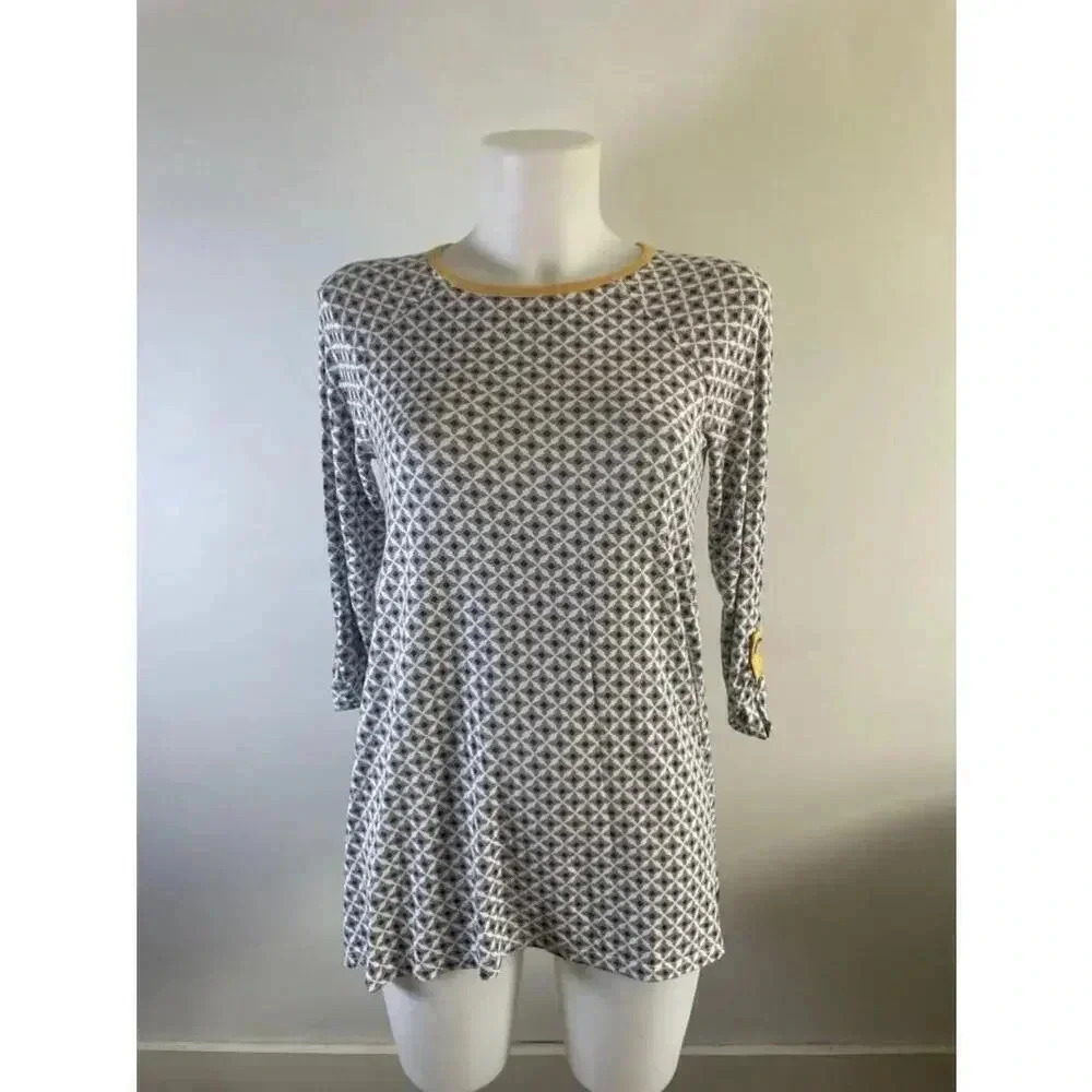 Women's Matilda Jane Grey and Yellow‎ Geometric Print 3/4 Sleeve Top Small 0306